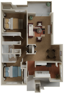 Floor plan for 2 beds, 2 baths, 1282 sqft